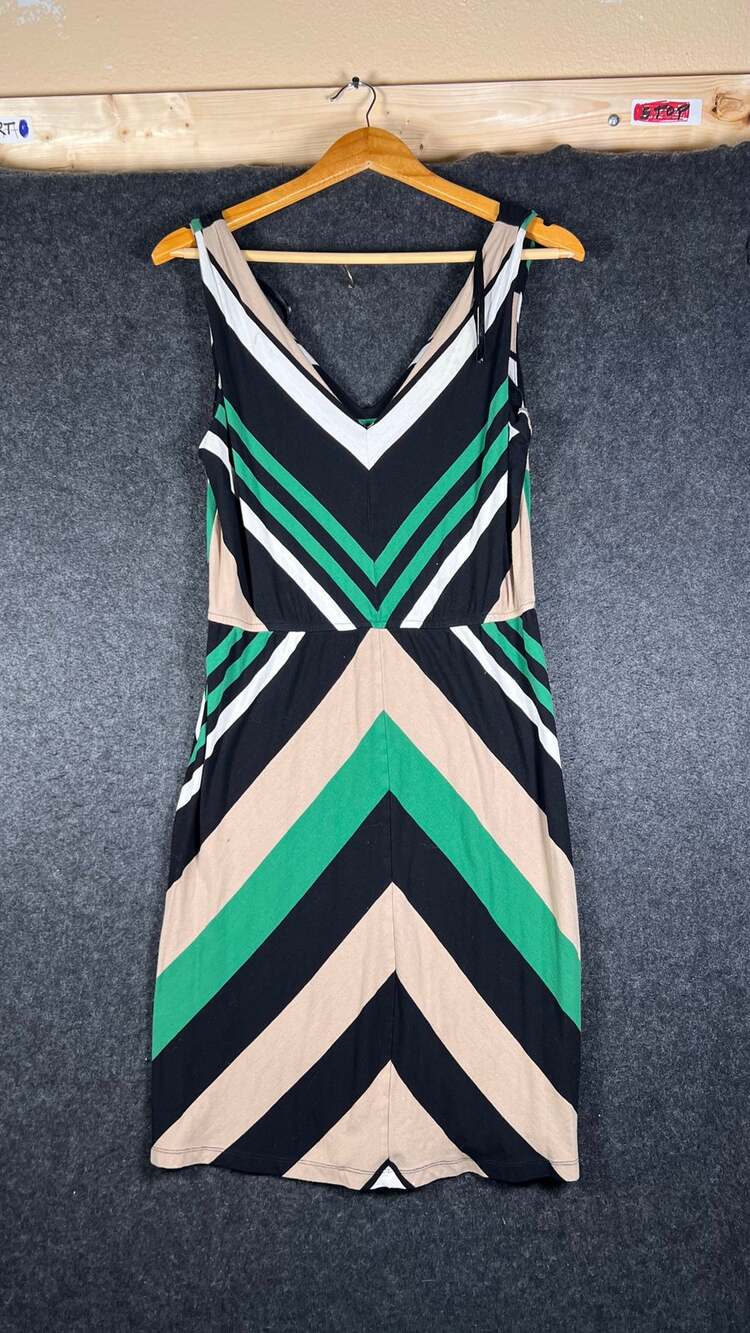 I.N. Studio Womens L Chevron Stripe Sleeveless V Neck Jersey Dress Green Black